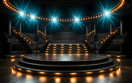 Empty stage with lights and stairs, 3d rendering. Computer digital drawing.の素材