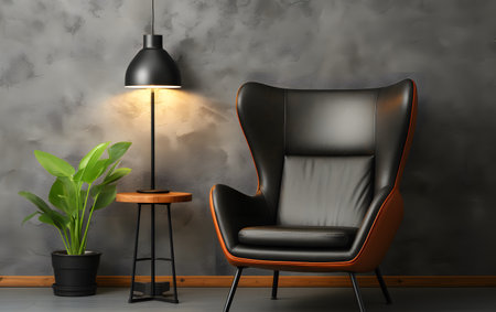 Modern interior with armchair, lamp and plant. 3d renderingの素材