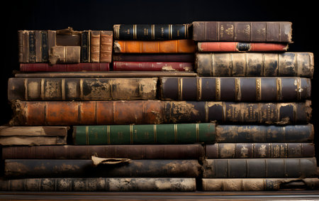 A pile of old books on a black background. Toned.の素材