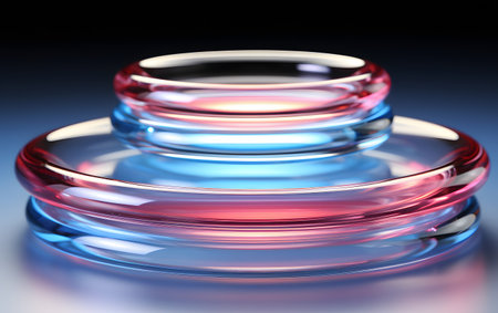 3d illustration of two petri dishes with red and blue liquidの素材