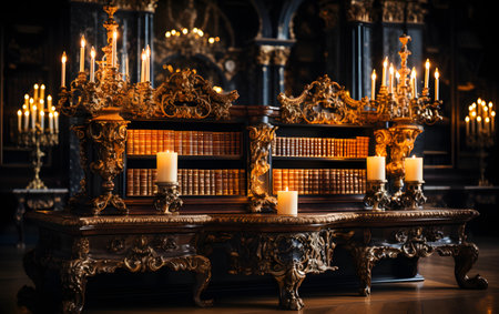 Luxury interior of the room with antique furniture, candles and booksの素材