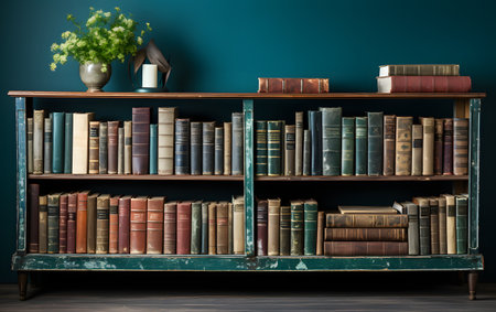 Bookshelf with old books and vase on a wooden tableの素材