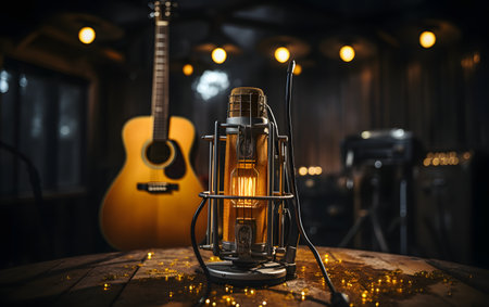 Vintage kerosene lamp and acoustic guitar on wooden table in music recording studioの素材