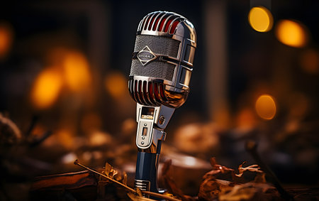 Retro microphone on a background of a burning fireplace in the darkの素材