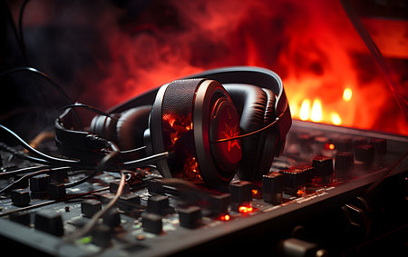 DJ mixer with headphones on dark background. Music concept. Selective focus.の素材
