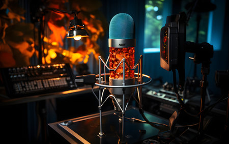 Microphone in recording studio with lighting equipment. 3D rendering.の素材