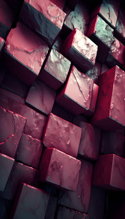 3D rendering of abstract geometric composition made of glossy cubes in red colorの素材