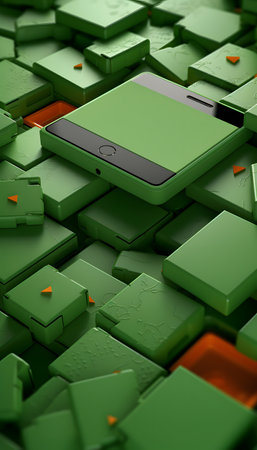 Smartphone on a pile of green cubes. 3D illustration.の素材