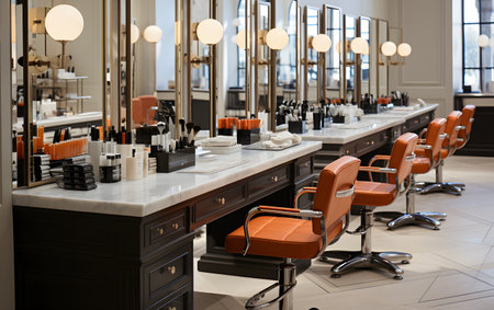 Barber shop interior with armchairs and mirrors, shallow depth of fieldの素材