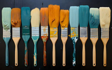 Paint brushes of different colors on a shelf in a paint shopの素材