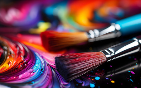 Paint brushes and rainbow colors on a black background close-upの素材