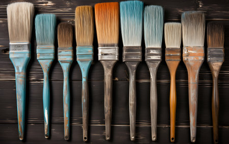 Paint brushes on a dark wooden background. Selective focus. Toned.の素材