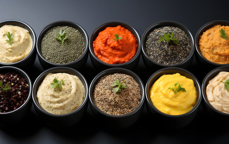 Selection of different types of hummus in bowls, top viewの素材