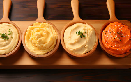 Bowls with tasty hummus on wooden board, top viewの素材
