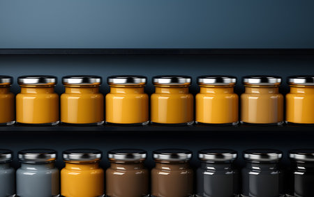 3d render of a row of orange medicine bottles on a shelfの素材