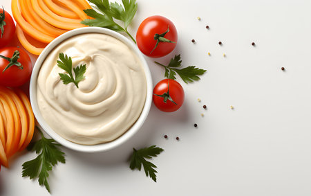 Bowl with tasty mayonnaise and vegetables on white background, top viewの素材