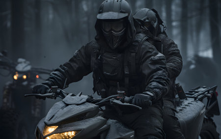 Racing on a quad bike in the dark forest. A man in a motorcycle helmet.の素材