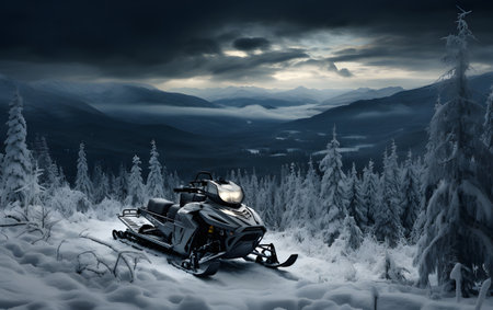 Snowmobile in the winter forest. Snowmobile in the mountains.の素材