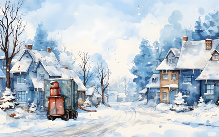 Winter village with snow covered houses. Christmas and New Year illustration.の素材