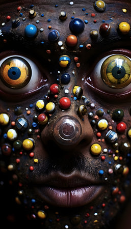 Close-up portrait of a funny african american man with painted face.の素材