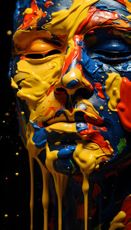 Masks with colored paint on a black background. Close up.の素材