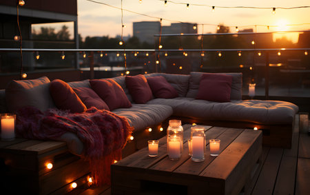 Wooden table with candles and cushions on terrace at sunsetの素材