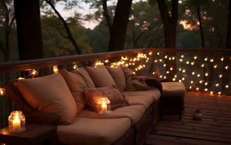 Outdoor terrace with pillows, cushions and candles.の素材