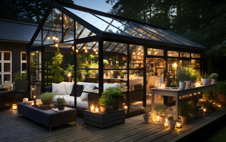 Luxury terrace at night with candles in the garden.の素材