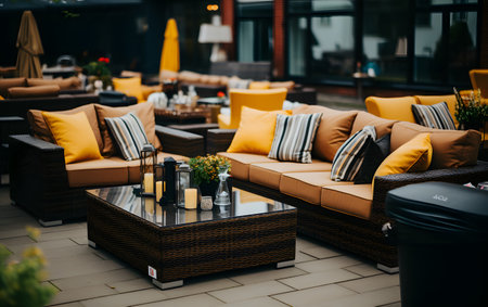 Outdoor patio with orange cushions and a table in a restaurantの素材