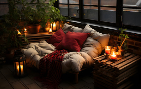 Cozy room interior with comfortable sofa, pillows and burning candlesの素材