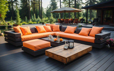 Outdoor patio in luxury house with orange cushions and coffee tableの素材