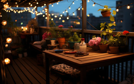Beautiful terrace with flowers in pots on balcony at night.の素材