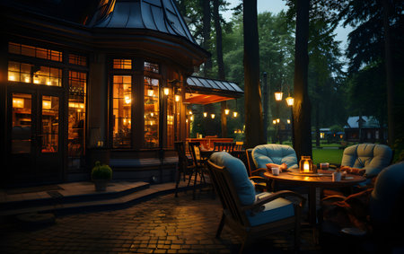 Cafe in the evening. Restaurant in the evening. Evening in the city.の素材