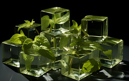 Green basil growing in ice cubes on black background. Studio shot.の素材