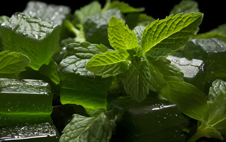 Fresh mint leaves with water drops on black background. Close-up.の素材