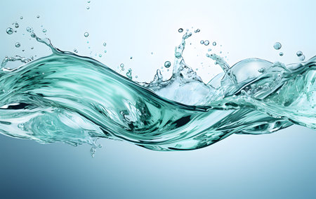 Water wave with splashes on blue background. 3d rendering.の素材