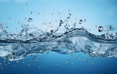 close up of water splashes on blue background with copy space.の素材
