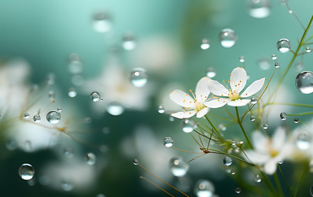 White flowers with water drops on green background, closeup. Space for textの素材