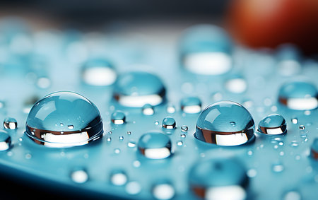 Water drops on a blue background. Shallow depth of field.の素材