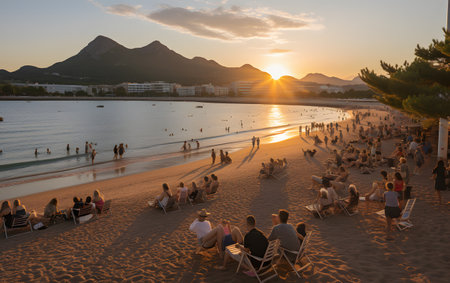 People relaxing on the beach at sunset in Antalya, Turkeyの素材