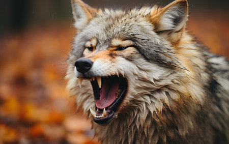 Close-up portrait of a wolf howling in the autumn forestの素材