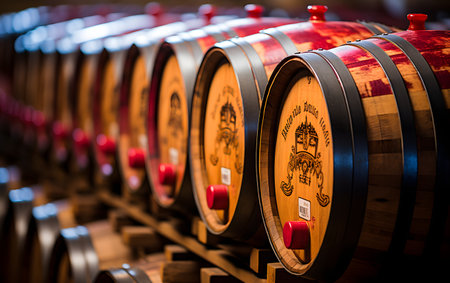 Wine barrels in a winery cellar, close up view.の素材