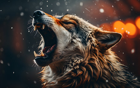 A portrait of a wolf howling at the camera in the rain.の素材