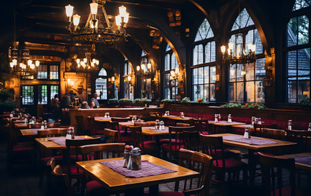 Interior of a restaurant in Prague, Czech Republic. Night scene.の素材