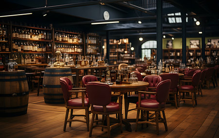 Vintage pub interior with wooden tables and chairs. 3d renderingの素材