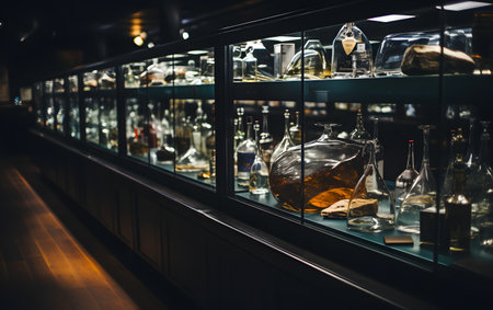 Bottles of whiskey on the bar counter in the pub or restaurantの素材