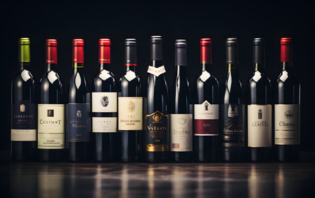 Bottles of red and white wine on a black background. 3d renderingの素材