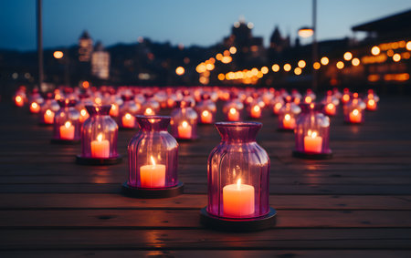 Wax candles on a wooden pier at night in Stockholm, Swedenの素材