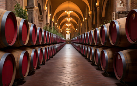Wine barrels in the cellar of a winery in Italy.の素材