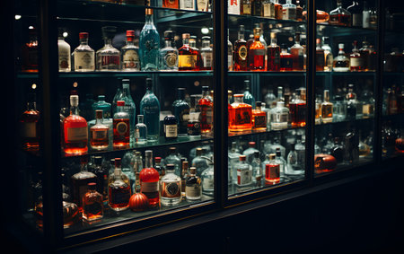 Alcohol bottles in a shop window of a bar or pub.の素材